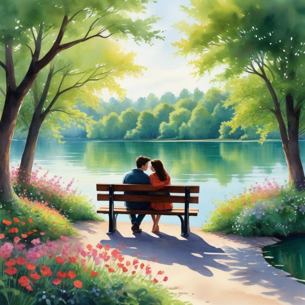 A warm, cozy scene of a couple sitting together on a park bench, sharing a heartfelt conversation, with soft sunlight filtering through the trees. Around them, symbols of love like hearts, interconnected rings, and gentle waves signify affection, intimacy, and commitment. The background features blooming flowers and a serene lake, illustrating the beauty of modern relationships. watercolor painting. vibrant colors. emotional ambiance.
