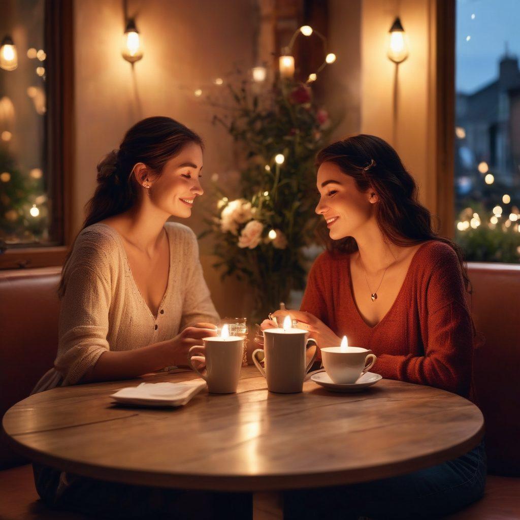 A romantic scene depicting a modern couple sharing an intimate moment in a cozy, candle-lit café, surrounded by soft fairy lights. They are engaged in deep conversation, with hearts floating around them symbolizing affection and connection. Include elements like coffee cups, a small table with a bouquet of flowers, and a warm, inviting atmosphere. super-realistic. warm colors. soft focus.