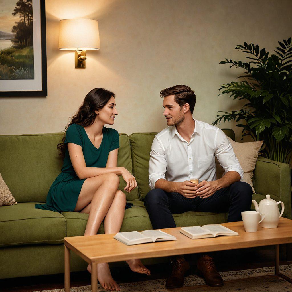 A warm and inviting scene of a couple sitting close together on a cozy couch, engaged in deep conversation, surrounded by soft lighting and accents of greenery. Their expressions convey understanding and connection, with subtle gestures highlighting intimacy. Elements like a shared cup of tea and a book on communication skills in the foreground enhance the theme of togetherness. soft colors. intimate setting. super-realistic.